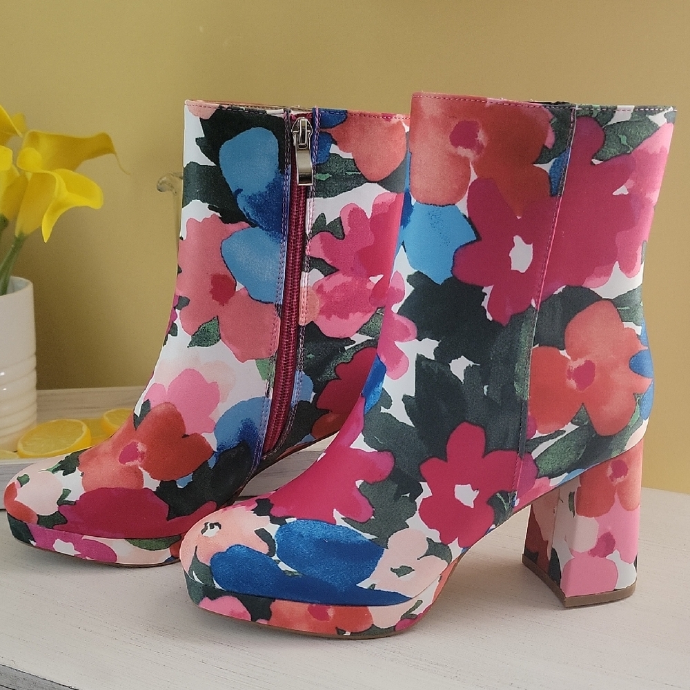 Colorful Floral Ankle Booties Chunky Heel